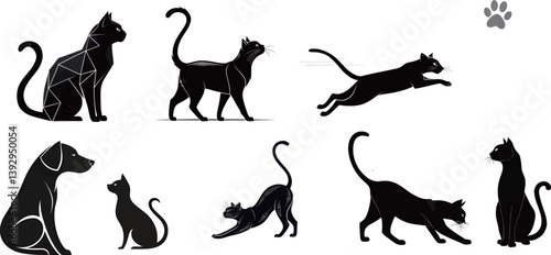 Stylized silhouettes of various cats and dogs in black and white.