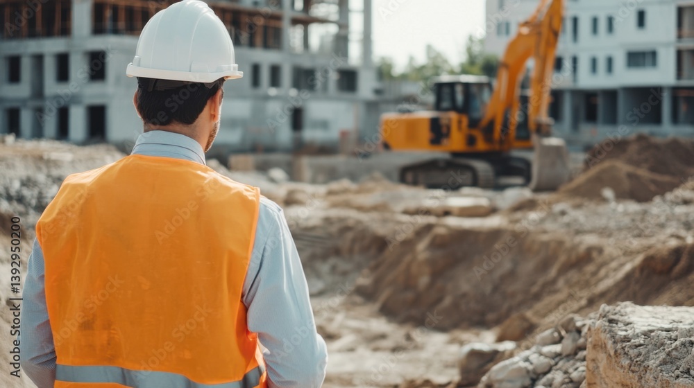 A site supervisor inspecting excavation work at a building site. Featuring oversight and diligence A site supervisor inspecting excavation work at a building site. Featuring oversight and diligence