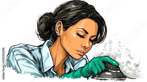 Woman using a steam cleaner to remove dirt and stains from fabric