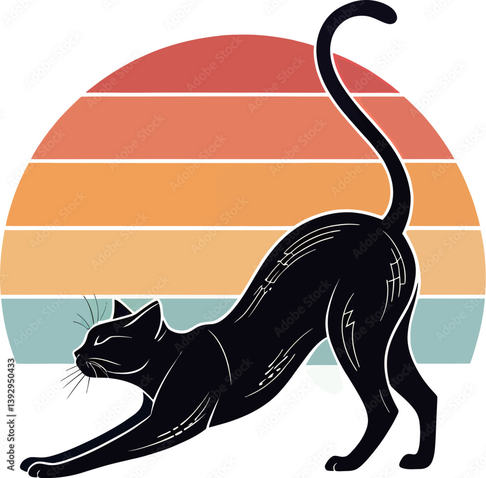 A sleek black cat stretching against a vibrant sunset backdrop.