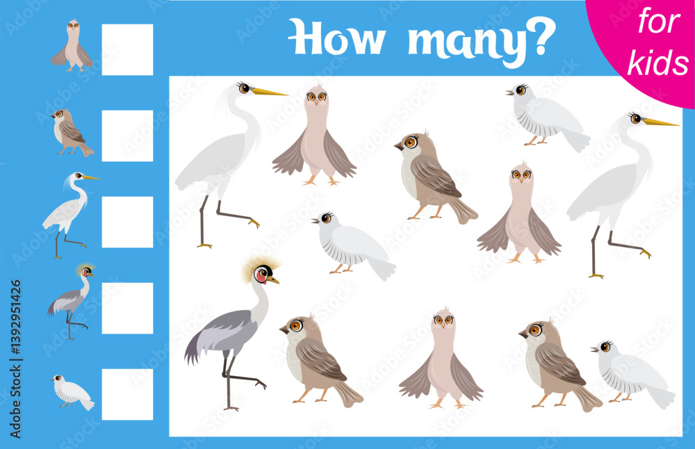 Fototapeta premium Counting game for children. Heron, dove, sparrow and cuckoo. Zoo. How many animals are there in the picture. Calculation for children. Worksheet for preschoolers. Printable.