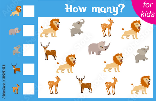 Counting game for children. Lion, elephant, rhinoceros, deer and fawn. Zoo. How many animals are there in the picture.  Calculation for children. Worksheet for preschoolers. Printable.