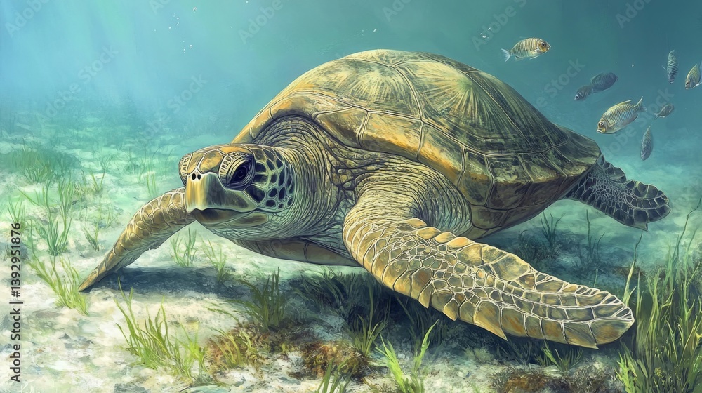 Obraz premium Majestic Sea Turtle Gracefully Swimming in a Vibrant Coral Reef