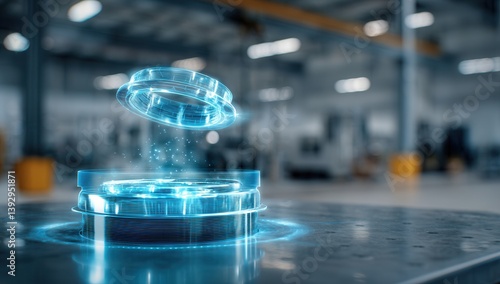 Futuristic holographic interface in industrial setting.