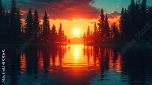 Sunset over a tranquil lake in a pine forest