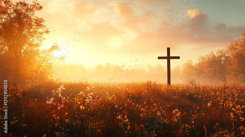 Fototapeta Naklejka Na Ścianę i Meble -  Christian cross silhouette in golden field at sunrise faith hope love jesus christ religion concept art