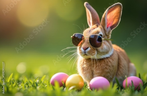 Cute brown rabbit sitting on the grass with pastel Easter eggs and wildflowers, warm golden hour lighting, blurred background, Easter scene