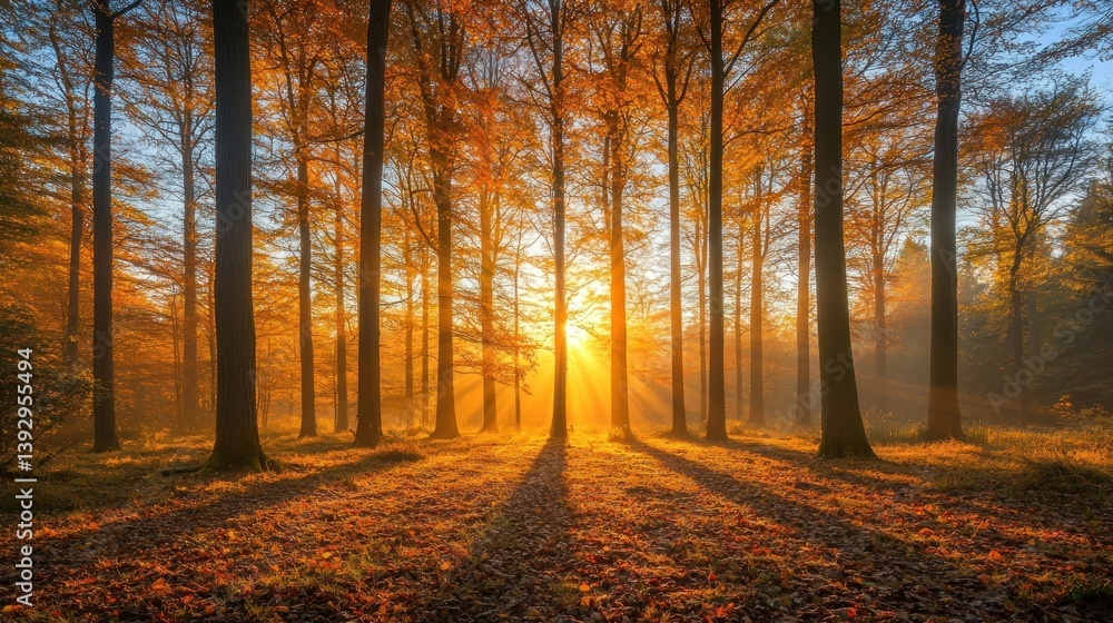 Fototapeta premium Golden sunlight beaming through towering trees in an autumnal forest landscape
