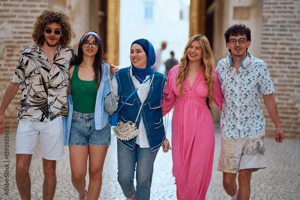 Multicultural Teenagers Embracing the Joy of Exploring a Coastal Tourist City on a Sunny Day. Multicultural Teenagers Embracing the Joy of Exploring a Coastal Tourist City on a Sunny Day.
