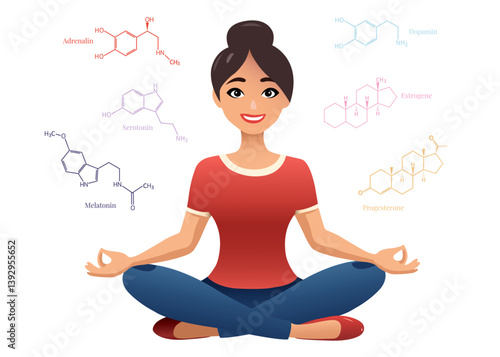 Vector illustration of a meditating woman surrounded by hormone molecules, concept of menopause, hormone balance and female health during midlife