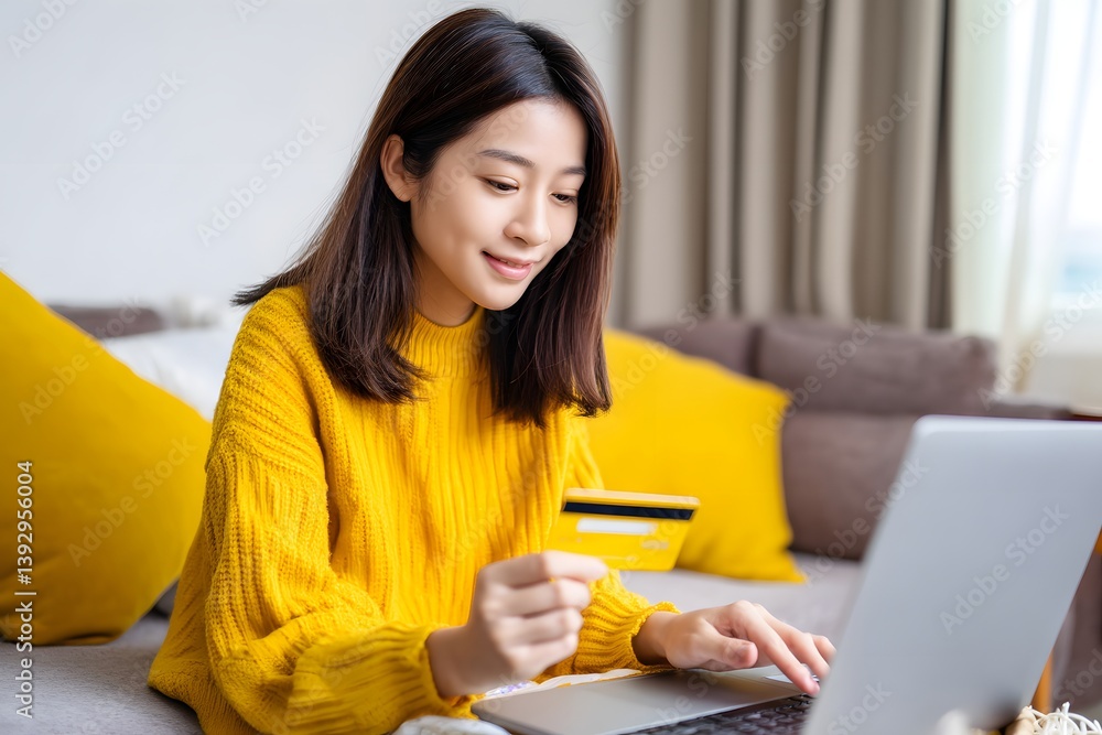 a young woman shopping online from home while holding a credit card and smiling a young woman shopping online from home while holding a credit card and smiling