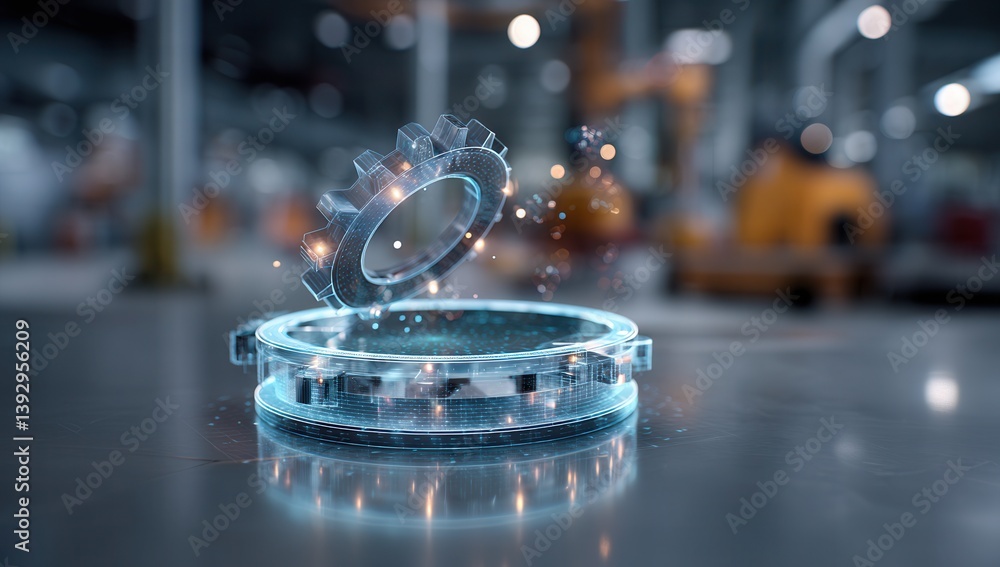 Fototapeta premium Futuristic holographic gear hovering in a high-tech factory.