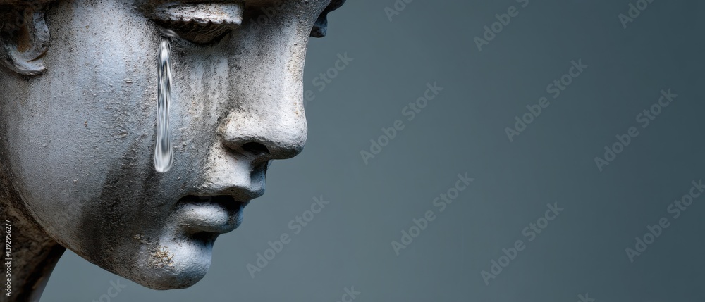 Closeup of a weeping stone statue with a single tear, conveying sadness, grief, and the concept of mourning Closeup of a weeping stone statue with a single tear, conveying sadness, grief, and the concept of mourning