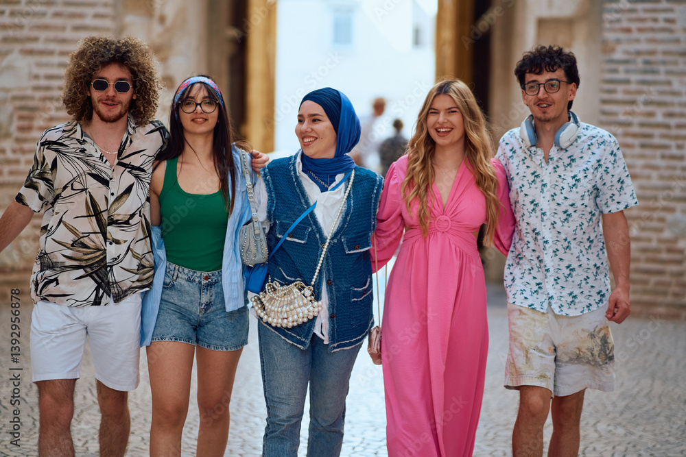 Multicultural Teenagers Embracing the Joy of Exploring a Coastal Tourist City on a Sunny Day. Multicultural Teenagers Embracing the Joy of Exploring a Coastal Tourist City on a Sunny Day.