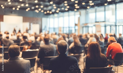a large conference hall filled with a diverse group of people attending a business event. The scene captures a moment of engagement and professional networking