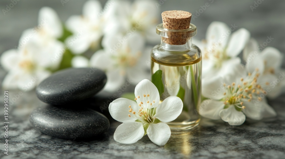 Therapeutic aromatherapy oils with spring blossoms and stones Therapeutic aromatherapy oils with spring blossoms and stones