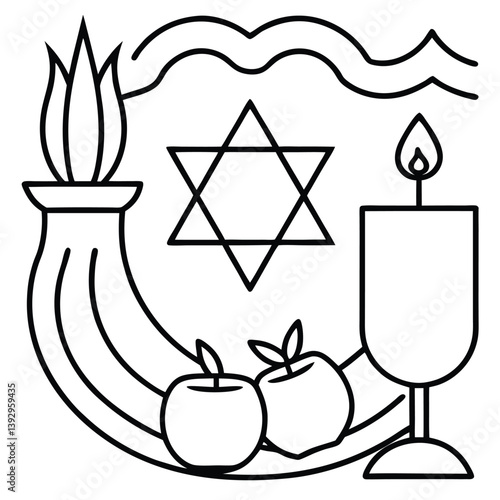 Vector art shows a Hanukkah menorah and Passover seder plate, symbols of Jewish holiday tradition and food
