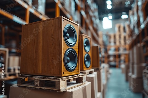 Wallpaper Mural Wooden speakers displayed in a warehouse on top of cardboard boxes Torontodigital.ca