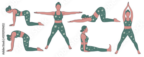 Yoga Workout Set. Young woman practicing Yoga poses. Woman workout fitness, aerobic and exercises.
