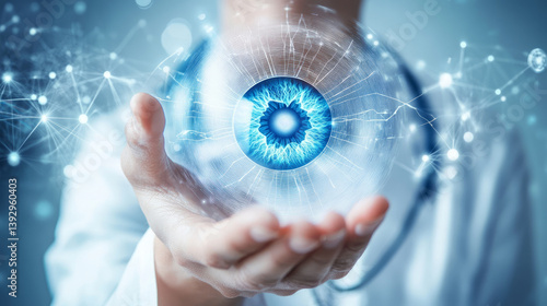Human eye anatomy hologram on doctor hands. Awareness of eye diseases include age-related macular degeneration, cataract, diabetic retinopathy, and glaucoma. Digital vision eye care concept.