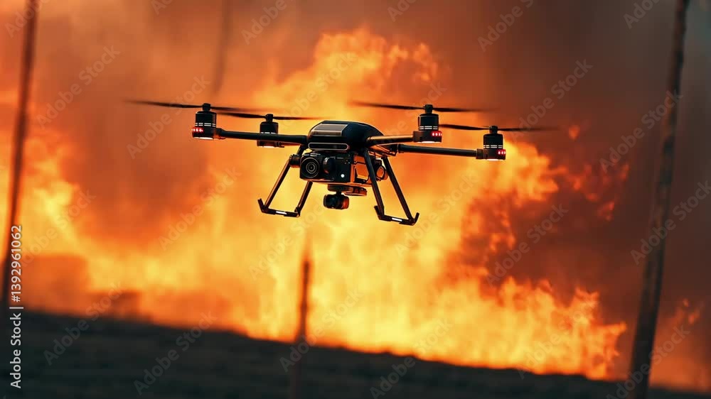 A high tech drone equipped with visible cameras and sensors flying above a forest engulfed in flames, capturing images and surveying the fire-damaged area, Technology and environmental crises A high tech drone equipped with visible cameras and sensors flying above a forest engulfed in flames, capturing images and surveying the fire-damaged area, Technology and environmental crises