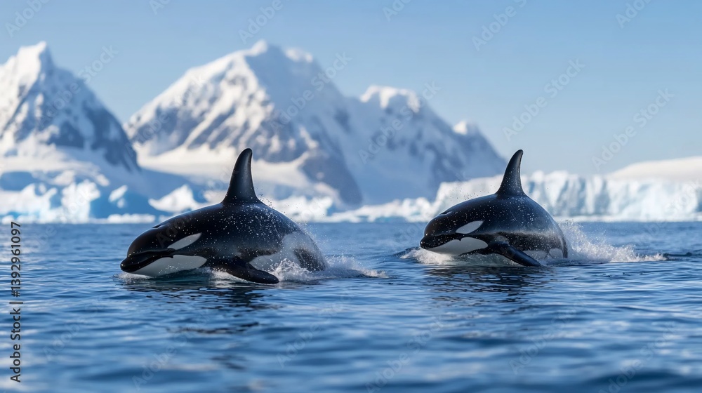 Fototapeta premium Orcas swimming, Antarctic mountains