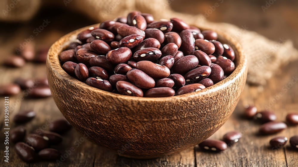 A wooden bowl filled with many kidney shaped beans A wooden bowl filled with many kidney shaped beans