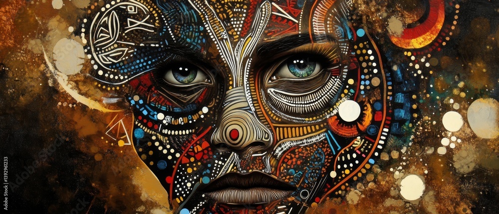 Fototapeta premium Abstract human face with colorful patterns and textures in a surreal style.