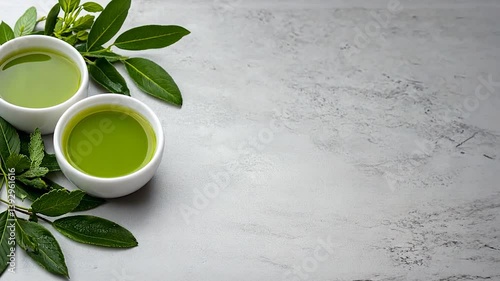 Fresh green tea in white cups surrounded by leaves on a textured gray background