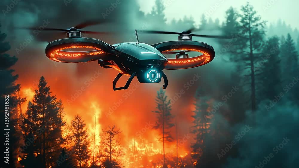 A high tech drone equipped with visible cameras and sensors flying above a forest engulfed in flames, capturing images and surveying the fire-damaged area, Technology and environmental crises A high tech drone equipped with visible cameras and sensors flying above a forest engulfed in flames, capturing images and surveying the fire-damaged area, Technology and environmental crises