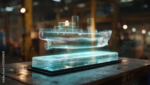 Wireframe hologram of a ship in industrial setting