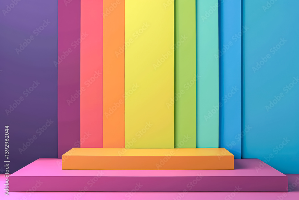 Fototapeta premium Colorful display of rainbow colored walls and a pink pedestal