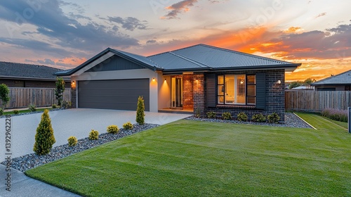 Contemporary single story house at sunset showing manicured lawn and yard