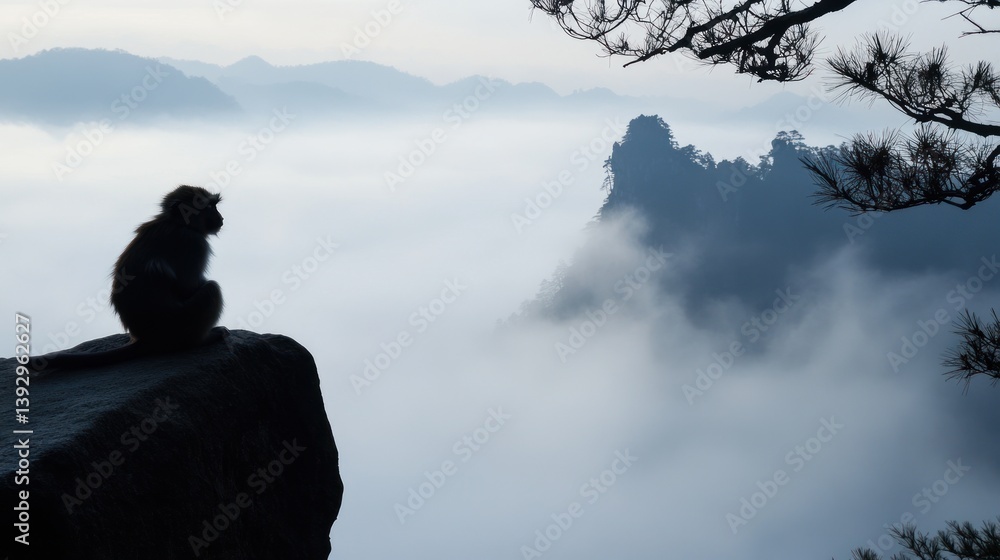 Contemplative primate: Silhouette against a misty mountain landscape at dawn Contemplative primate: Silhouette against a misty mountain landscape at dawn