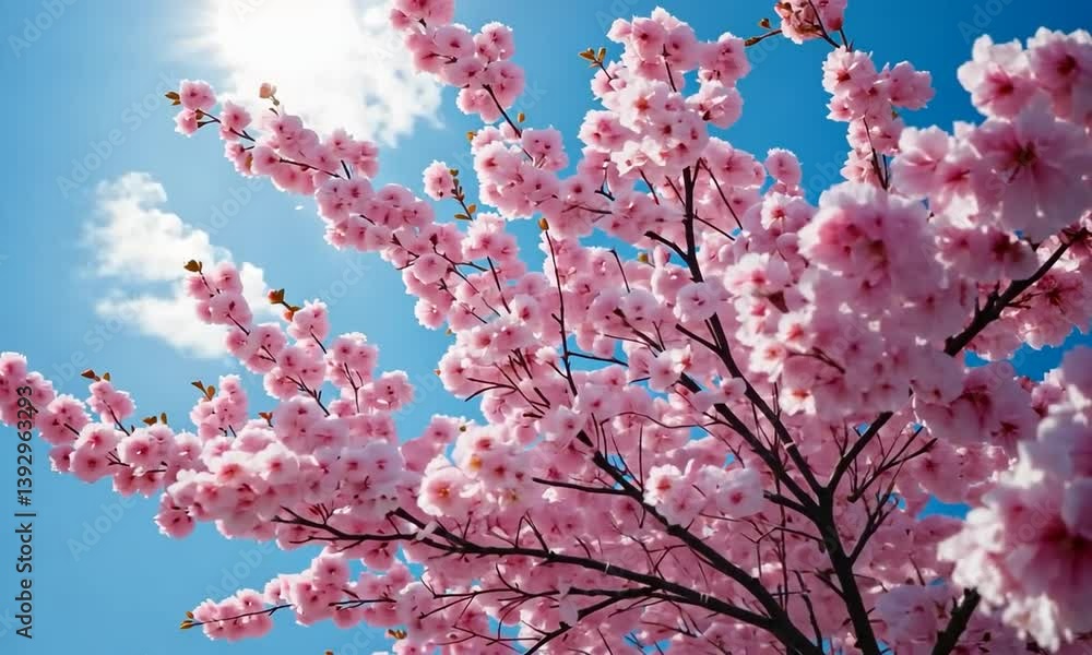 Cherry Blossom Tree With Branches Stretching From Top Left To Bottom Right, Pink Flowers Gently Swaying In The Wind, Blue Sky With Clouds Drifting In The Background. 4k video Cherry Blossom Tree With Branches Stretching From Top Left To Bottom Right, Pink Flowers Gently Swaying In The Wind, Blue Sky With Clouds Drifting In The Background. 4k video