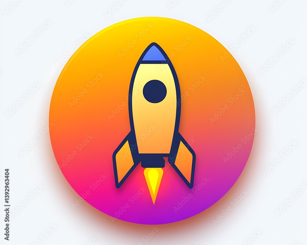 A cartoon illustration of a rocketship in a bright circle A cartoon illustration of a rocketship in a bright circle
