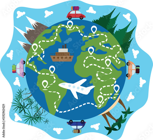 Travel around the world. Vector illustration of a trip around the world.