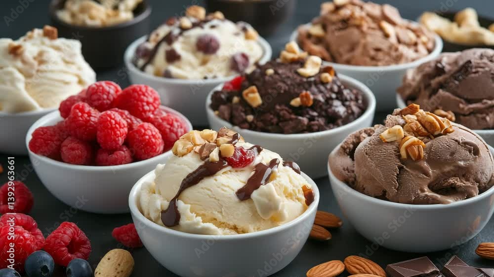 Various bowls filled with different flavors of ice cream are garnished with toppings and fresh fruits creating a colorful dessert selection Various bowls filled with different flavors of ice cream are garnished with toppings and fresh fruits creating a colorful dessert selection