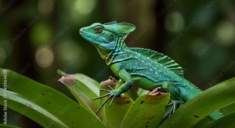 Fototapeta premium Green Basilisk Lizard Resting on Plant in Tropical Environment