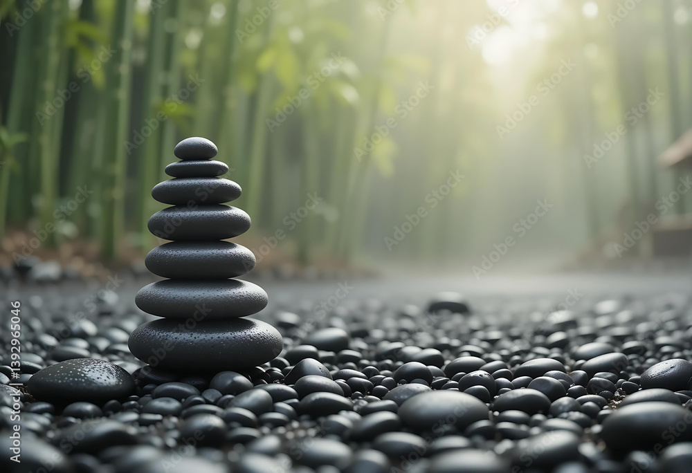 Obraz premium : Serene Zen Stone Stack in a Tranquil Bamboo Garden: Symbol of Balance, Harmony, and Meditation 