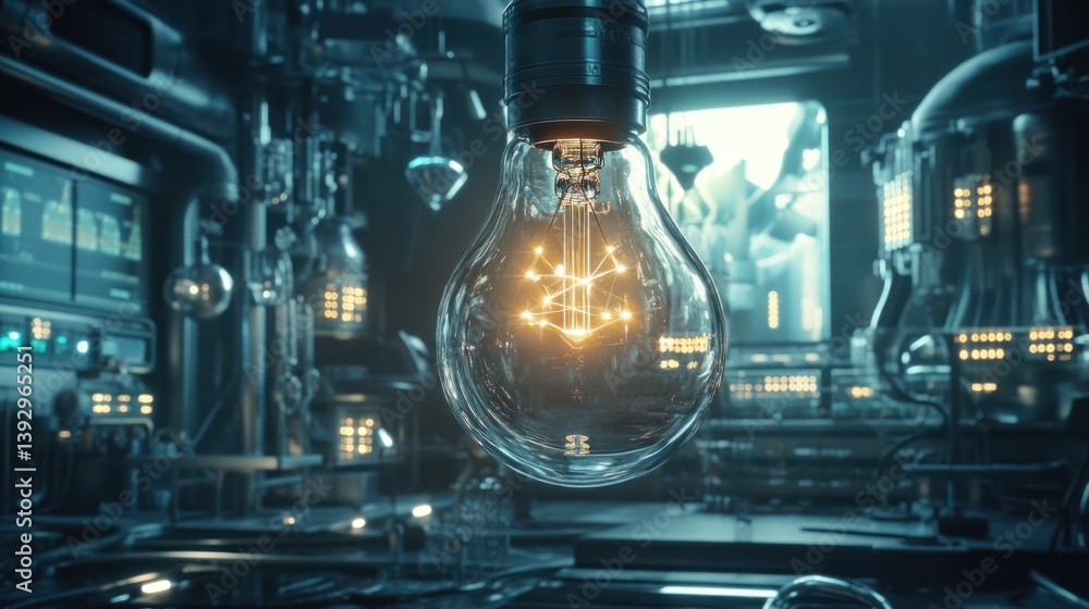 Futuristic innovation laboratory, glowing bulb, science and discovery realm Futuristic innovation laboratory, glowing bulb, science and discovery realm