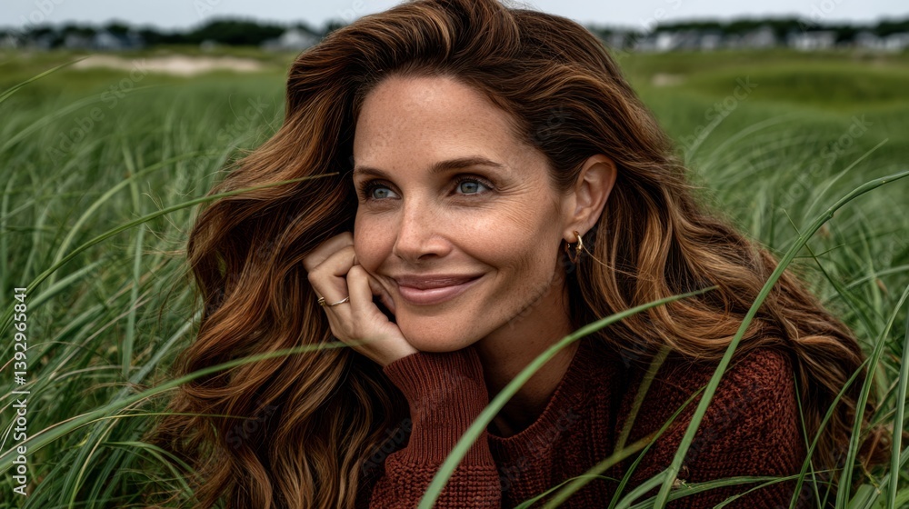 Woman with long hair smiling while resting in green grass Woman with long hair smiling while resting in green grass