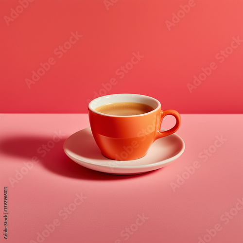 Cup of coffee is sitting on a white saucer on a pink background