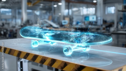 Futuristic holographic skateboard concept in a workshop.