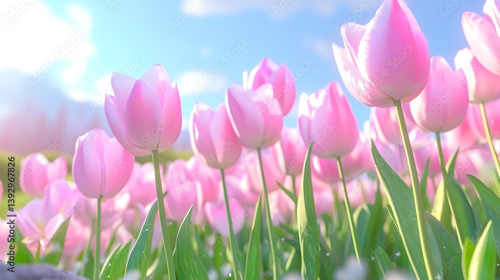 Fototapeta premium A field of pink flowers with a blue sky in the background