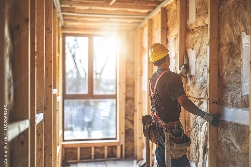 Construction worker installing house wall insulation in new home Construction worker installing house wall insulation in new home