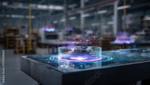 Futuristic holographic technology concept in a modern factory.
