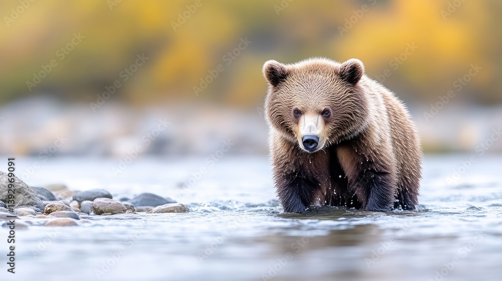 Fototapeta premium Grizzly bear wading in a river, autumn colors in background