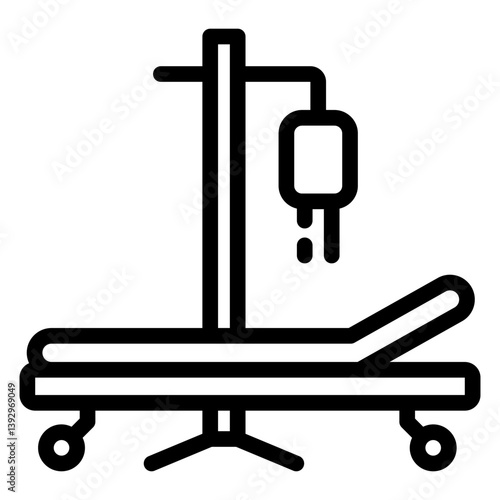 Hospital bed with dropper line icon, blood transfusion concept. Vector graphics. Blood dropper and bed sign on white background, style mobile or design.