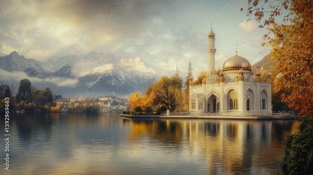 A serene lakeside mosque surrounded by autumn trees and mountains at sunset. A serene lakeside mosque surrounded by autumn trees and mountains at sunset.